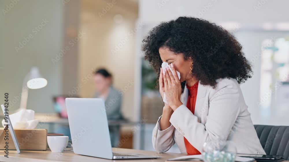 Poster sick businesswoman with flu, blowing nose with a tissue and suffering from virus or sinuses while wo