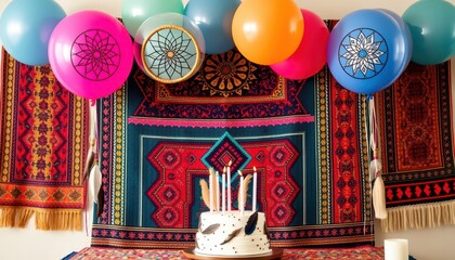 Bohemian Birthday Party Decor with Cake and Balloons.