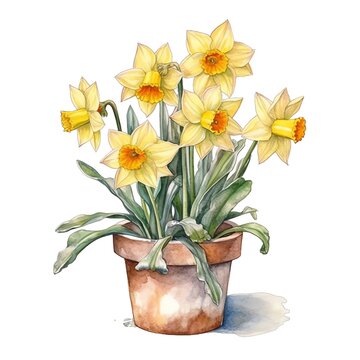 recommend clip art: Spring daffodils in pot watercolor illustration, spring clipart