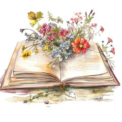Spring floral books watercolor illustration, spring clipart