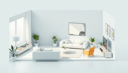 Modern living room interior design with minimalist furniture and decor.