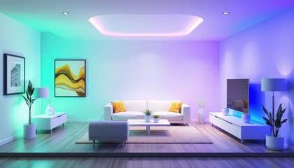 Modern living room with colorful mood lighting.