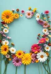 Obraz premium Colorful Flowers Frame on Blue Background.