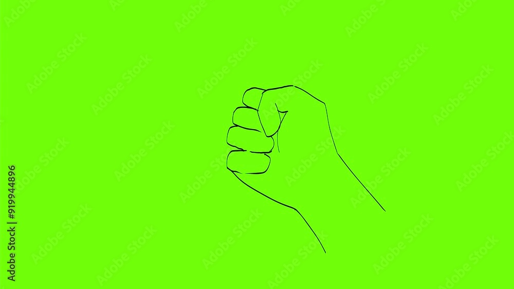 Poster 2d animation motion graphics showing a drawing of an open hand clenching into clenched fist on white