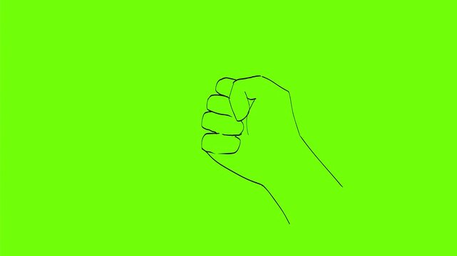 2D Animation motion graphics showing a drawing of an open hand clenching into clenched fist on white screen, green screen and black background in 4k ultra-high-definition.