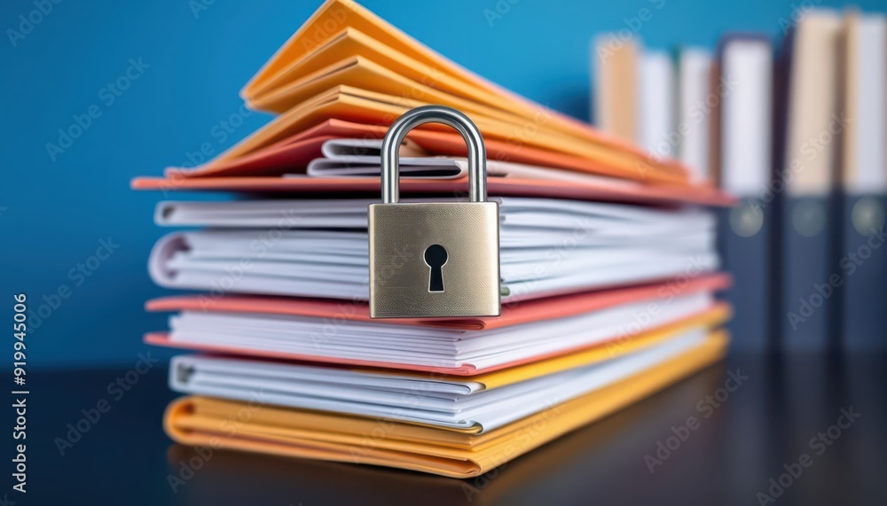 Poster padlock on a stack of files.