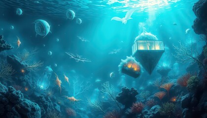 Fototapeta premium Underwater Cityscape with Bioluminescent Flora and Fauna.