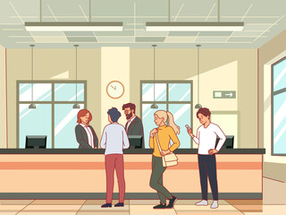 Queue at bank. Business interior with office workers, clients standing in row, people waiting for their turn, financial investments service, cartoon flat style isolated vector concept