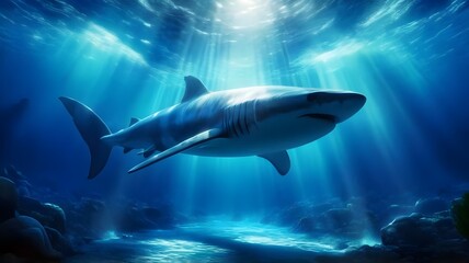 Fototapeta premium detailed view of a large shark deep in the ocean