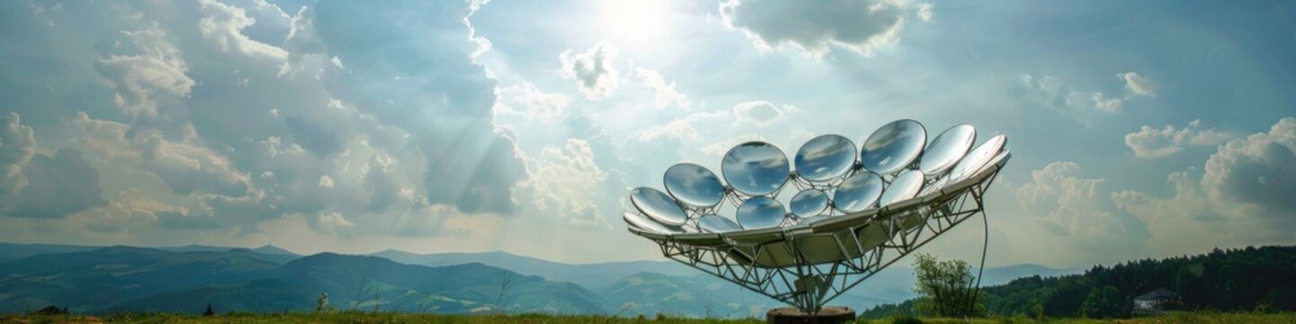 Satellite dish featuring compact round mirrors designed for solar energy collection and heating at a focal point.
