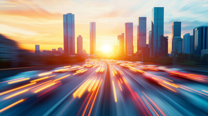 City highway during rush hour, as the sun sets behind tall skyscrapers, the cars create a blurred effect with their headlights and taillights due to long exposure, the sunset remai