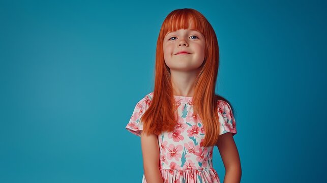 Young red-haired girl with bangs wearing a floral dress, standing confidently against a blue background, hair loose on her shoulders
