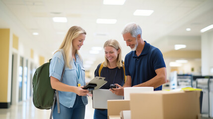 Obraz premium College preparation shopping, where parents assist their college-aged children in selecting furniture, gadgets, and supplies for their dorm rooms, the scene captures the mix of emo