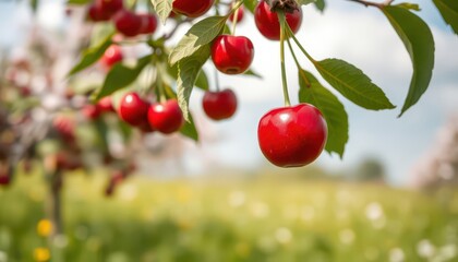 Obraz premium Red Cherry on a Branch.