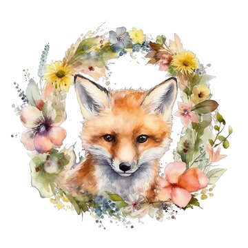 recommend clip art: Spring floral fox woodland watercolor illustration, spring clipart