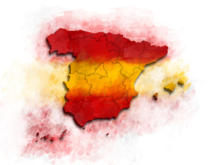 SPAIN MAP WITH ITS PROVINCES AND POLITICAL ADMINISTRATIVE DIVISIONS WITH FLAG WATERCOLOR STYLE