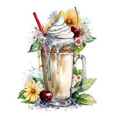Spring floral milkshake watercolor illustration, spring clipart