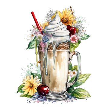 recommend clip art: Spring floral milkshake watercolor illustration, spring clipart
