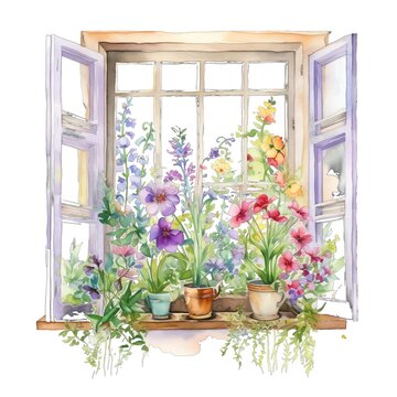 watercolor window flowers, purple, pink, yellow