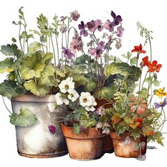Spring garden flowers in pot watercolor illustration, spring clipart
