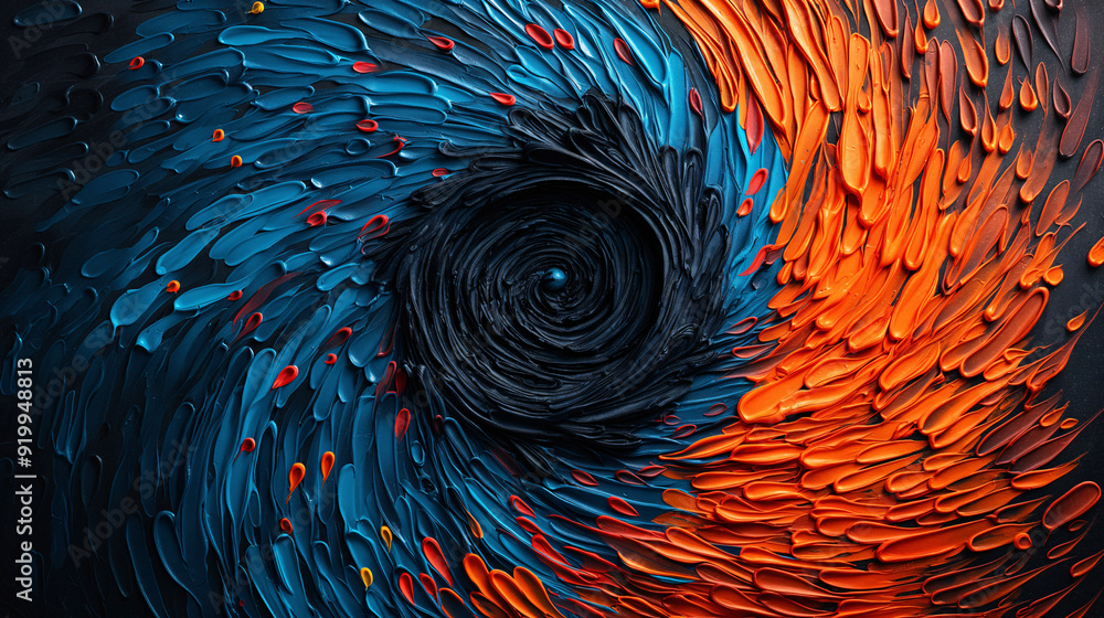 Poster vivid blue and orange paint swirls around a black vortex, creating a dynamic and engaging visual eff