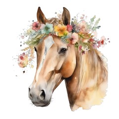 Spring horse watercolor illustration, spring clipart