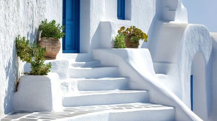 Whitewashed stairs and blue doors in a Mediterranean type home. Elegant architecture with vibrant flowers in pots on the steps. Ideal for travel, lifestyle, and architectural designs. AI