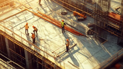 Generate a photo realistic image of workers deploying safety equipment such as guardrails, safety nets, and fall protection systems at a construction site; ensure the image is of high resolution 