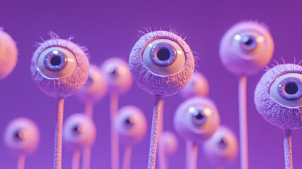 A surreal scene of numerous eyeballs on stalks, set against a purple background.