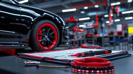 Black car with red rims and a clipboard in a garage.