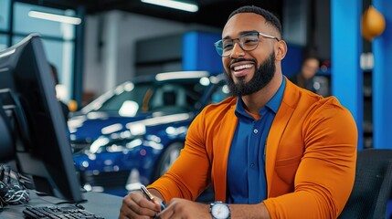 Smiling businessman working in a car dealership.