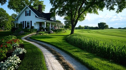 Fototapeta premium White farmhouse with a long driveway leading to a green field.
