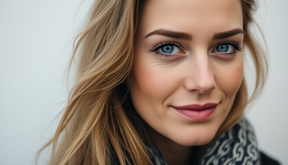 Fototapeta premium Portrait of a Woman with Blue Eyes and a Gentle Smile.