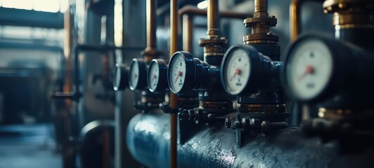 Industrial boiler room with a close-up of active boiler units