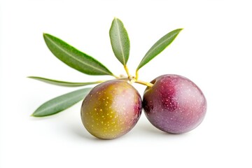 Mystic photo of Arbequina Olive on the vine, isolated on white background
