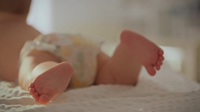 In the sunny children's room, the baby plays with pleasure, actively kicking his legs and expressing his energy and joy. A small child with a smile demonstrates the activity of his body