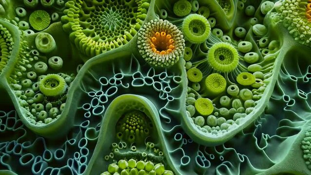 This close-up captures the intricate structures of green algae, revealing detailed patterns and textures. The microscopic view highlights vibrant green and yellow hues, showcasing the complexity of