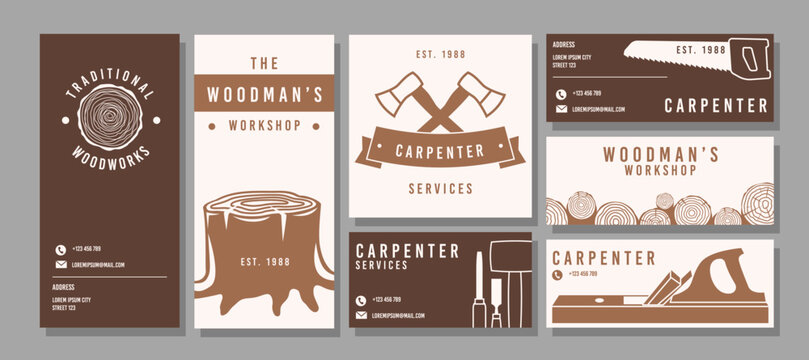 Carpenter service banners templates. Woodwork products, stump texture, lumberjack tools, annual tree rings, axes and saws, minimal style business cards, woodcutter posters tidy vector set