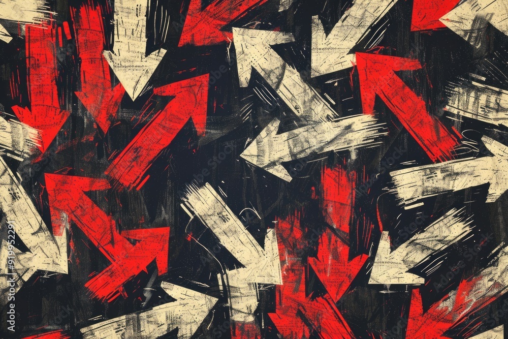 Poster a unique painting featuring black and red colors with arrows painted on it, perfect for abstract or 