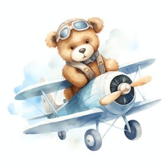 Cute watercolor bear flying on airplane illustration, teddy bears clipart