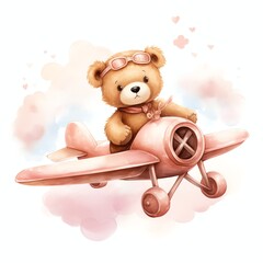 Cute watercolor bear flying on airplane illustration, teddy bears clipart