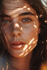 A close-up shot of a woman's face featuring distinct freckles