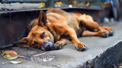 A scruffy tired looking stray dog is sleeping on the pavement in a dark abandoned alleyway in the city  The dog appears to be homeless and neglected