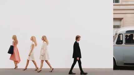 Fototapeta premium 60s Swinging London fashion models against a minimalist background