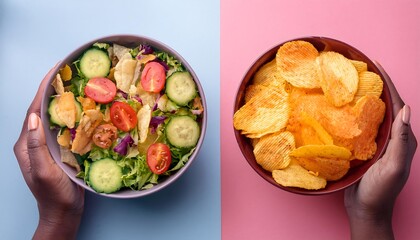 Hand Holding a Bowl of Fresh Vegetable Salad While Another Hand Holds a Bowl of Chips, Representing a Choice Between Healthy and Indulgent Snacks in a Balanced Diet Context
