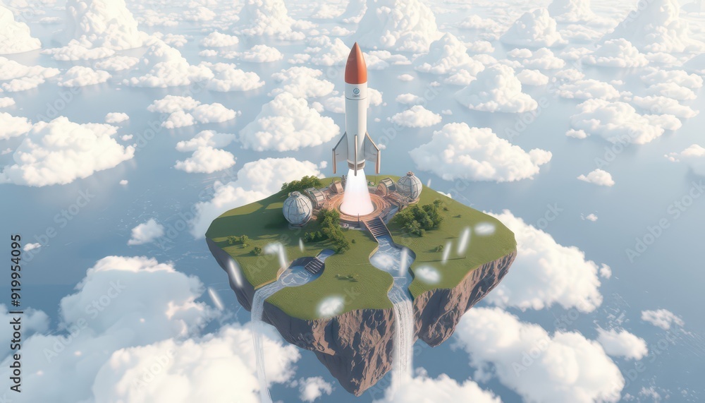 Poster rocket launch from an island in the clouds.