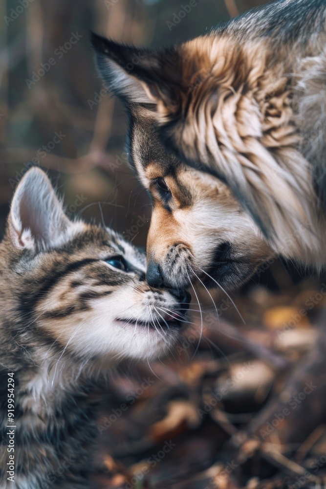Poster a cat and dog exploring together in a woodland setting
