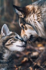 Obraz premium A cat and dog exploring together in a woodland setting