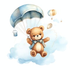 Cute watercolor teddy bear flying illustration, teddy bears clipart