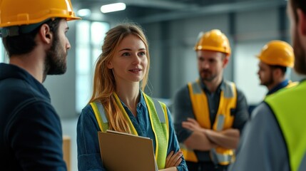Generate a photo realistic image of new employees undergoing safety orientation, with safety handbook, safety trainers, and safety procedures demonstration visible